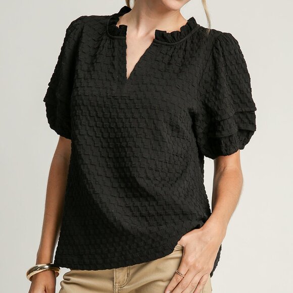 Umgee Textured Jacquard Boxy Cut Top with Pin-Tuck Detailed Bubble Sleeves - Picture 1 of 5